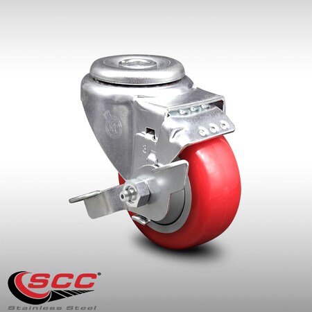 Service Caster 3 Inch SS Red Polyurethane Wheel Swivel Bolt Hole Caster with Brake SCC SCC-SSBH20S314-PPUB-RED-TLB